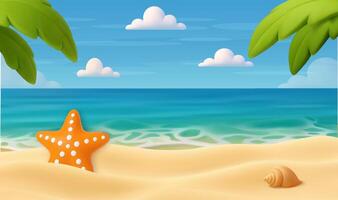 3D Tropical Beach with Starfish and Seashell Background vector