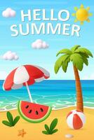 3d Cartoon Beach Scene with Hello Summer Text vector