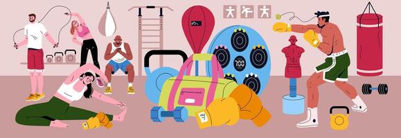 A Dynamic and Exciting Fitness Scene Featuring a Wide Variety of Workouts and Equipment Options vector
