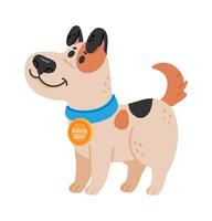 Happy spotted puppy wearing a blue collar and proudly displaying a good boy medal, standing and smiling with a playful, obedient spirit that radiates joy and affection vector