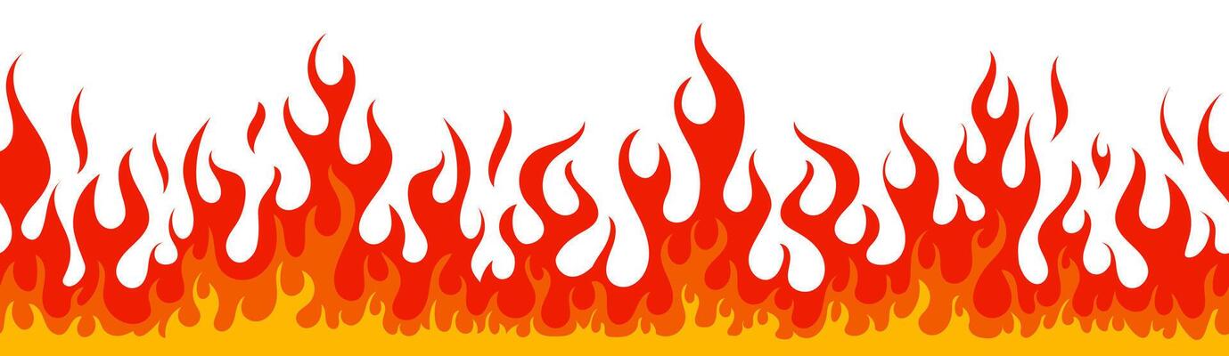 Seamless fire border. Cartoon flame frame pattern. Hot flaming trail, wildfire banner background. Orange burning fired borders seamless campfire. Flammable frames. illustration