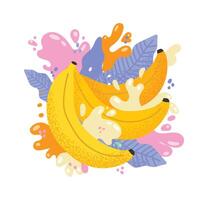 Ripe bananas are surrounded by splashes of creamy yogurt and colorful leaves, creating a vibrant and refreshing scene that evokes a sense of health and deliciousness vector