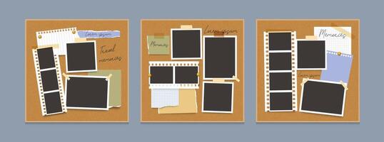 Photo frame. Empty blank frames collage. Picture mood board template. Multiple photo placeholder, notice, paper sheet, tape, text, sticker. Family memories concept vector