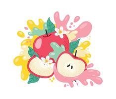 Ripe red apples, apple slices, leaves, and delicate white flowers are surrounded by splashes of yellow and pink apple juice, creating a vibrant and refreshing scene vector