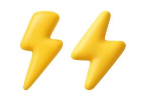 3D lightning. Yellow thunder bolt icon, electric charge symbol. Energy, danger and speed sign. Lightnings, light flash in cartoon soft render realistic style icons vector
