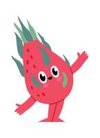 Cartoon dragon fruit character waving with hands and smiling, funny kawaii exotic fruit with smiling face, arms and legs, isolated illustration on white background vector