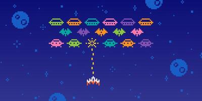 Pixel Space Arcade. Retro 8-bit aliens, UFOs, and spaceships. game spacing battle scene with cosmic characters, monsters, robots silhouette. 80s computer style elements vector