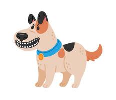 Happy cartoon dog standing proudly with a big smile, displaying its teeth, wearing a blue collar adorned with a shiny medal, set against a clean white background vector