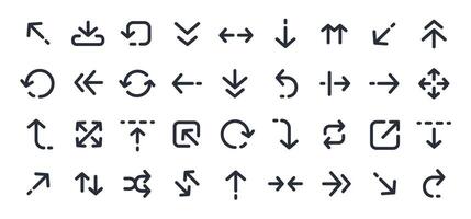 Linear arrow. Line minimalist arrows. Outline elements for UX UI interface, infographics. Arrow icon, direction symbols, Right, left, up, down, circular, rotation arrows. set vector