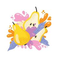 Whole and sliced pears creating a vibrant and juicy composition with colorful splashes and leaves, perfect for designs related to healthy eating, fruit juices, and fresh produce vector