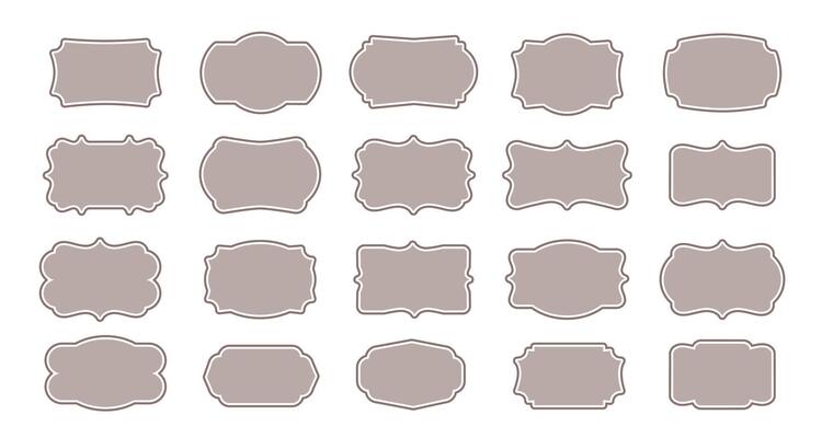 Vintage label frame. Retro decorative badge. Old ornate border, decor oval, rectangular, custom-shaped tag for elegant packing, wedding invitation. Luxury stickers for text. set