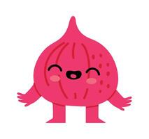Happy red onion cartoon character is laughing with open arms and closed eyes, showing joy and welcoming attitude, isolated on white background vector