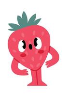 Cartoon strawberry character standing with arms akimbo and a surprised expression, exuding a playful and funny vibe perfect for children s projects and healthy eating themes vector