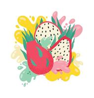 Sliced and whole ripe dragon fruit or pitaya surrounded by splashes of colorful juice, creating a vibrant and refreshing image promoting healthy eating and exotic fruit vector
