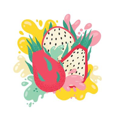Sliced and whole ripe dragon fruit or pitaya surrounded by splashes of colorful juice, creating a vibrant and refreshing image promoting healthy eating and exotic fruit