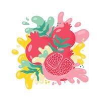 Ripe pomegranates splashing juice with colorful leaves, creating a vibrant and refreshing scene, perfect for promoting healthy eating and summer beverages vector