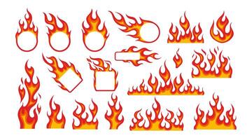 Fire flame frame. Flaming border stickers. Cartoon horizontal campfire elements, fire circle, oval, square frames. Yellow, red burn wildfire silhouette. Hot flammable borders set vector