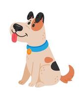 Happy, playful puppy sitting and panting with tongue out, showcasing black ears and spots, isolated on a white background in a cheerful illustration vector