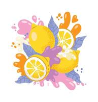Whole and sliced lemons, leaves, and splashes of pink, orange, and purple create a refreshing and energetic composition, perfect for summery designs vector