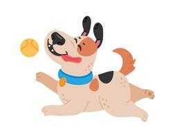 Playful dog running and catching a ball, enjoying a fun activity, happy pet with tongue out and ears flapping, isolated on white background vector