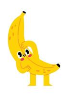 Cartoon illustration featuring a shy banana character with arms, legs, and a face, slightly bending forward while blushing and playfully holding a hand to its head vector