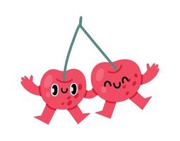 Two cute and happy anthropomorphic cherries are holding hands, waving, and swinging from their stems, creating a cheerful and playful scene vector
