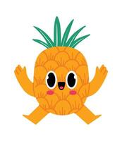 Funny cartoon character of a joyful pineapple running with open arms, big eyes and a large smile, isolated illustration on white background vector