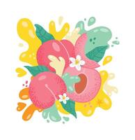 Ripe peaches, peach slices, leaves, and blossoms combine with colorful juice splashes in a dynamic and refreshing summer themed illustration vector