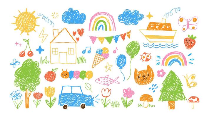 Kids doodle. Children simple colorful drawing. Hand drawn kid chalk scribble elements, pencil character, crayon sun, rainbow, trees, house, cloud, animals. Sketch set