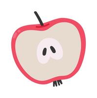 Cartoon drawing of a red apple cut in half, showing seeds and stem, isolated on white background, representing healthy eating habits and freshness vector