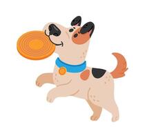 Playful spotted dog running joyfully while holding an orange frisbee in its mouth, relishing a fun game of fetch in the park under the bright sun vector