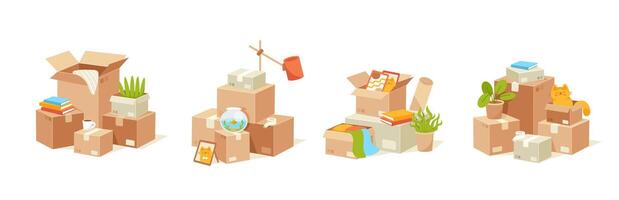 Moving boxes stack. Cardboard box with items. Relocation, packing, logistics, home organization, parcel packing. House move box piles package with stuff. Warehouse supplies. set vector