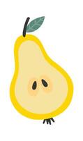 Yellow sliced pear featuring visible seeds, a stem, and a leaf, hand drawn in a simple cartoon style against a clean white background, highlighting its juicy and sweet nature vector