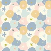 Seamless pattern with abstract round shapes and simple stars in pastel blue colors vector