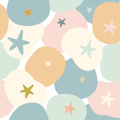 Seamless pattern with abstract round shapes and simple stars in pastel colors
