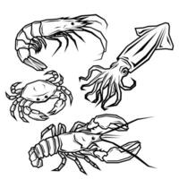 Seafood Print Set, Ketorized Marine Life, Shrimp, Crab, Squid and Crab Woodcut Style vector