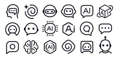 AI Chatbot icons set, smart assistant, linear Brain, Minimal Chip sign, Speech stylised emblem. Robot head logo. Tech symbols in outline style for UI, apps, software. illustration vector