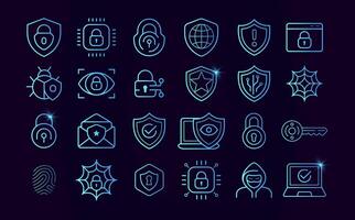Cyber security icons. Safety digital system computer network. Data attack protect symbols, firewall signs. Line lock and shield. Safe privacy information logo. illustration vector