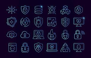 Cyber security blue icon set. Safety digital system computer network. Data attack protect symbols, firewall signs. Line lock and shield. Safe privacy information logo. illustration vector
