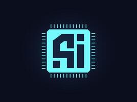 AI chip symbol with geometric lines and CPU microchip shape. Futuristic secure logo for tech company, innovation, automation, neural network, smart systems. illustration. vector