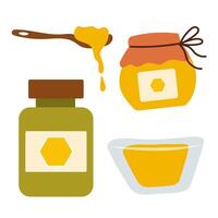Beekeeping elements set. Spoon with honey and jars. vector