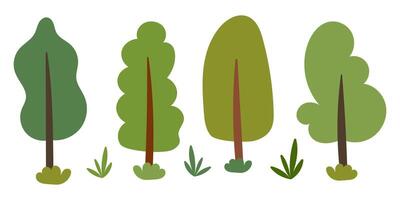 Set of cartoon trees and grass. Flat trees collection. vector
