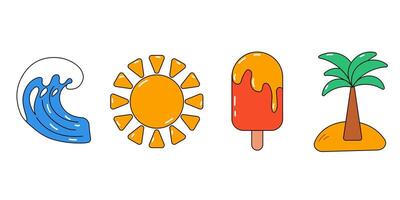 Summer cartoon elements in retro style. Palm, ice cream, wave and sun. vector