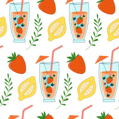 Seamless pattern with summer drink. Coctail with strawberry. Juicy fresh drink in glass.