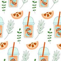 Seamless pattern with lemonade and green leafs. Drink with grapefruit. vector
