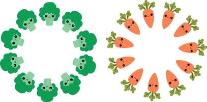 Set of round frame with broccoli and carrot. Vegetables with cute faces. vector