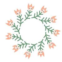 Simple tulip with cute face round frame. Simple flower wreath. vector