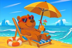 Cute Capybara Relaxing on the Beach with Cocktail vector