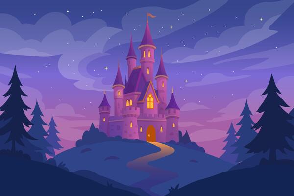 Magical fairytale castle at night in flat cartoon style. Fantasy landscape, twilight sky, stars, and pine trees. Perfect for children's book illustration, mobile game background, or print design.