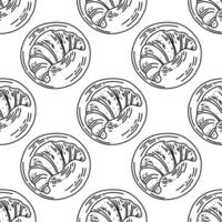 Black and white sketch pattern of coffee elements in sketch style. Drawing smooth lines of hot drinks, cake, croissant for the cafe menu. vector